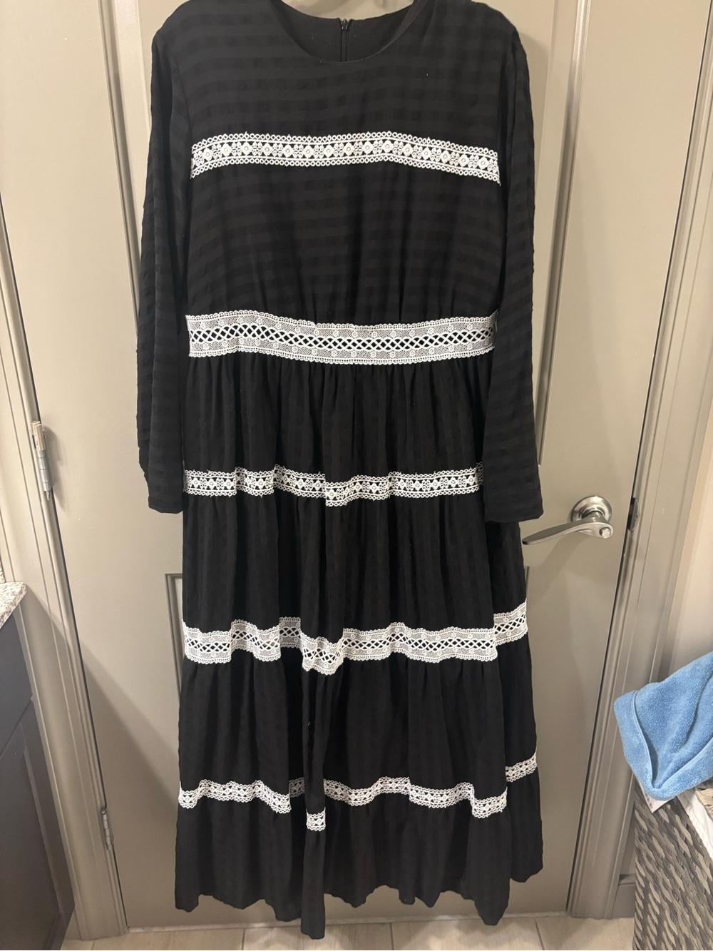 Black Maxi Dress with White Lace Trim - Elegant Tiered Long Sleeve